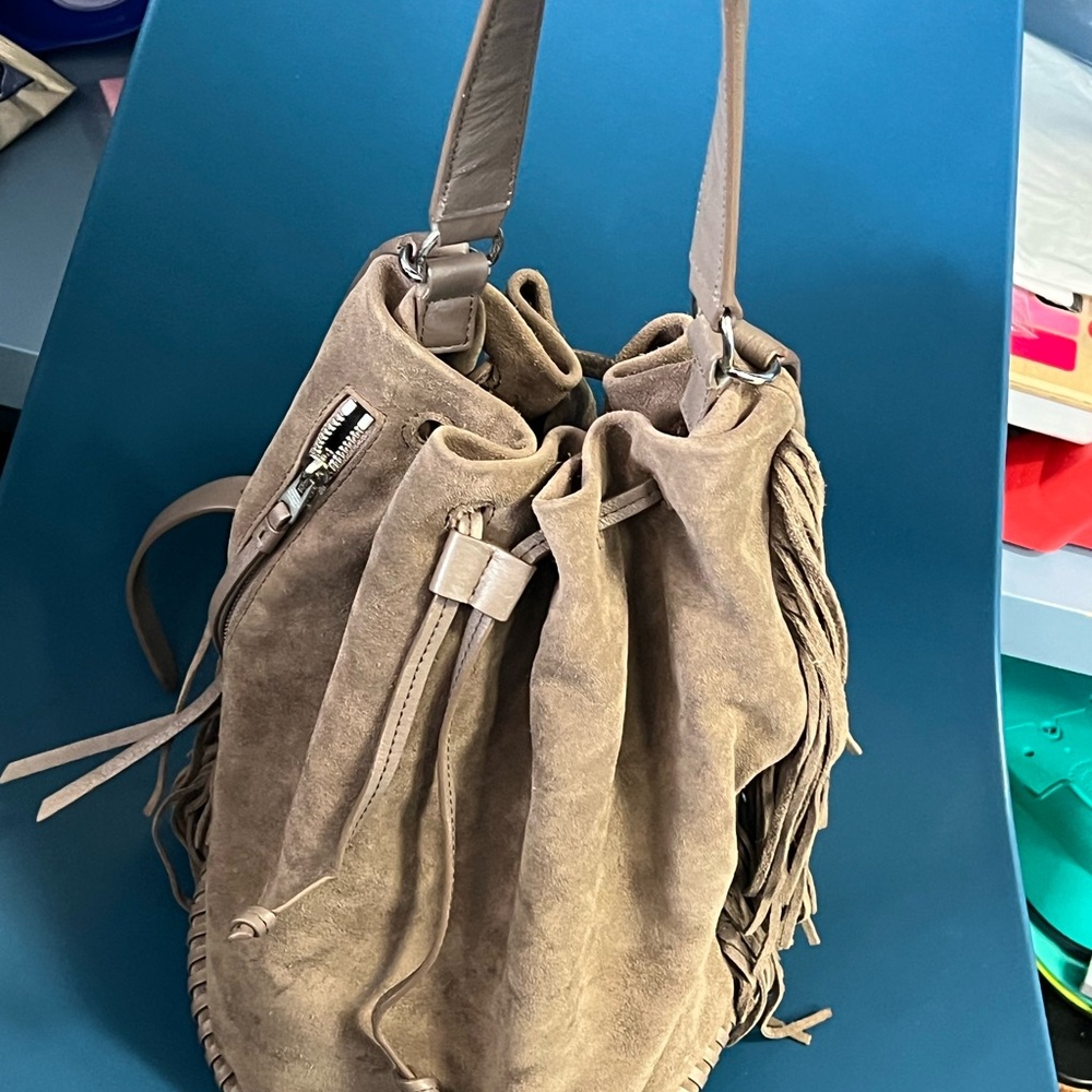 All saints taupe Fringe Bucket Bag